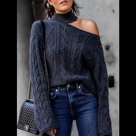 🍷Sexy Choker Style Collar Off Shoulder Greyish Blue Knitted Sweater - Picture 4 of 4